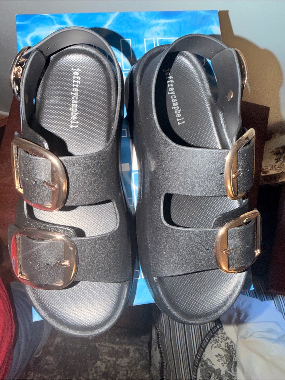 Jeffrey Campbell Black Platform Sandals with Gold Buckles - Picture 2 of 7